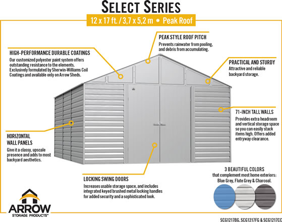 Arrow 12x17 Select Steel Shed SCG1217 Features & Benefits Arrow 12x17 Select Steel Shed SCG1217 Features & Benefits