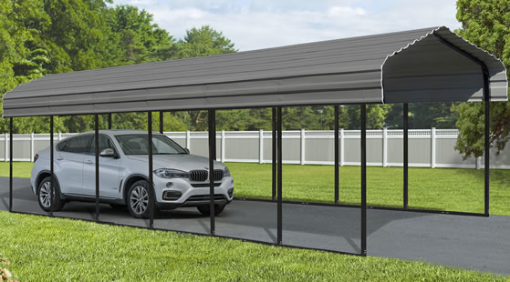 Arrow Charcoal 12x29x9 Steel Auto Carport Kit Installed In Driveway