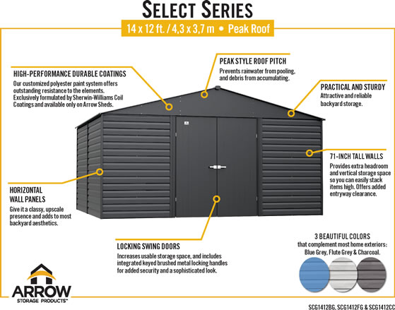 Arrow 14x12 Select Steel Shed SCG1412 Features & Benefits