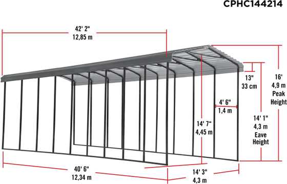 Arrow 14x42x14 Charcoal RV Carport Measurements Diagram