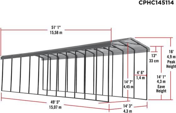 Arrow 14x51x14 Charcoal RV Carport Measurements Diagram
