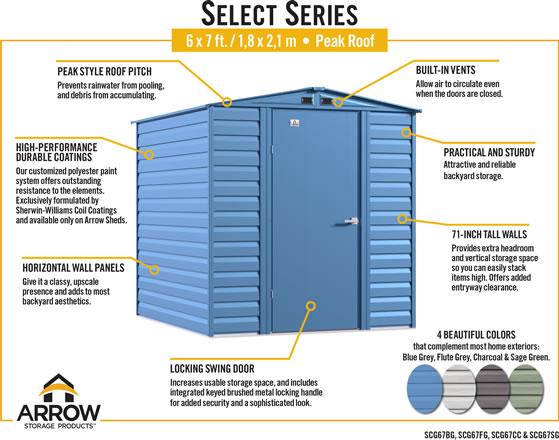 Arrow 6x7 Select Steel Shed SCG67 Features & Benefits