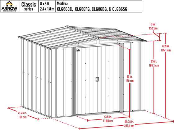 Arrow 8x6 Gray Classic Steel Shed Kit Measurements Diagram