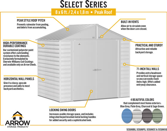 Arrow 8x6 Select Steel Shed SCG86 Features & Benefits