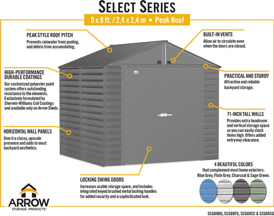 Arrow 8x8 Select Steel Shed SCG88 Features & Benefits