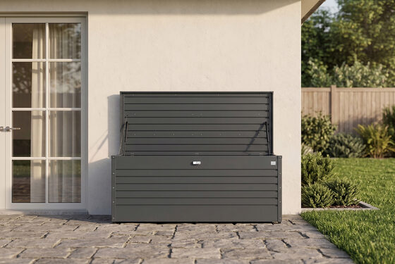 Versatile deck box provides convenient indoor and outdoor storage for a variety of items.
