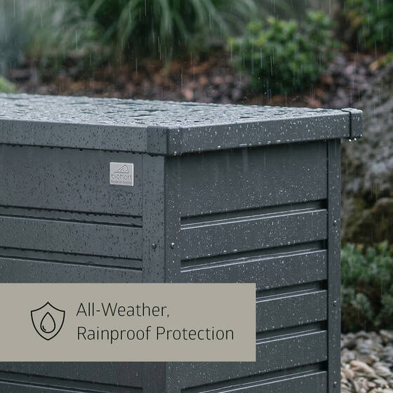 Rainproof metal construction helps protect stored items from rain and moisture.