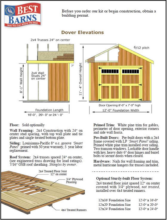 Dover 12x20 storage garage elevations