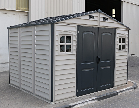 The DuraMax Woodside Plus 10.5x8 Vinyl Shed Features a Woodgrain Texture and Robust Construction