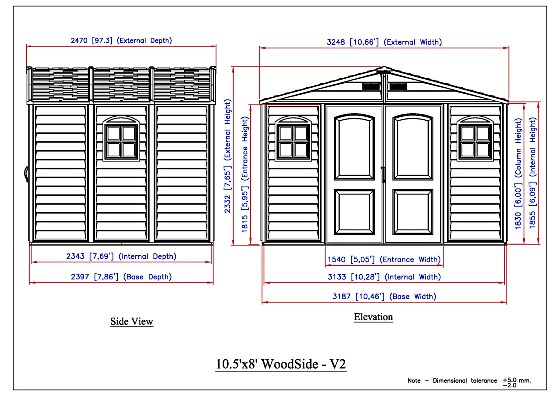 DuraMax Woodside Plus 10.5x8 Vinyl Shed Dimensions and Diagrams