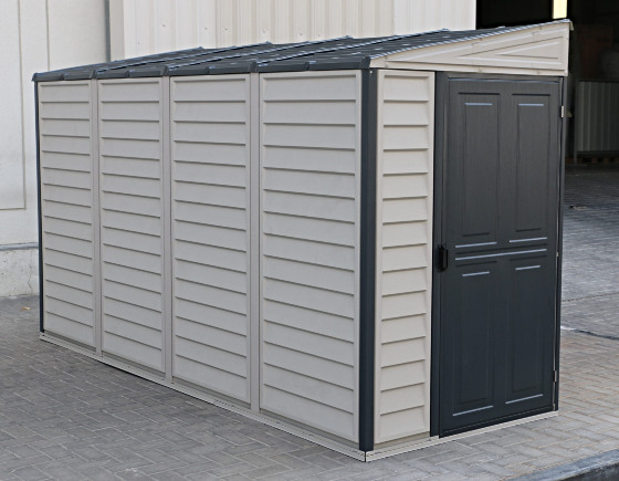 DuraMax SideMate Plus Vinyl Shed Attractive Color Combination of Adobe Tan and Anthracite Gray Colors