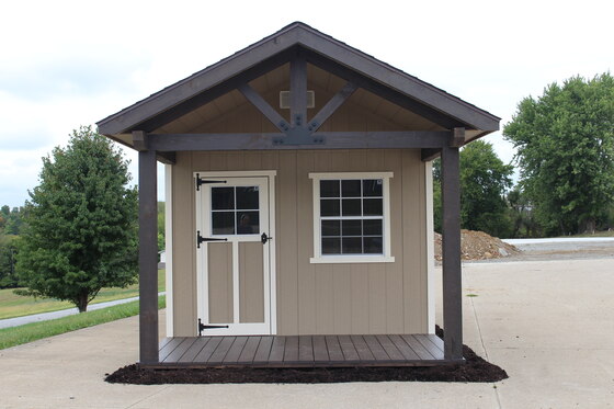 Front view of a fully assembled Woodsman shed