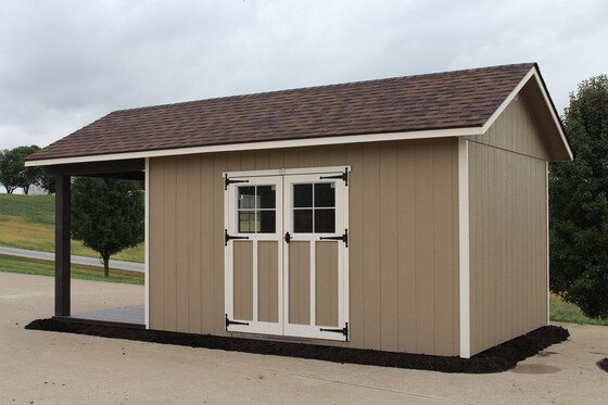 A fully assembled Woodsman shed from a side angle