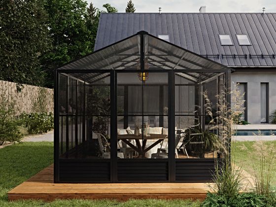 Introducing the Gazebo Penguin 11x14 Myrdal Metal Roof Solarium in Sleek Black