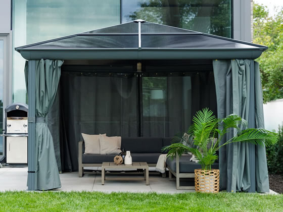 Venus 12x14 Grey Gazebo with Included Privacy Curtains Partially Closed