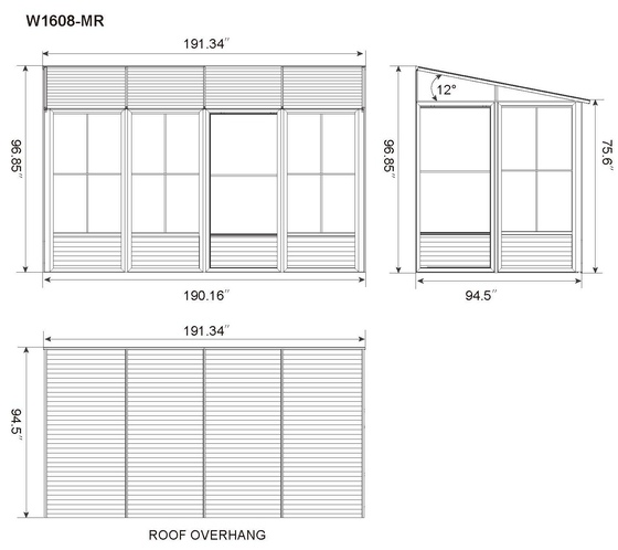 Gazebo Penguin 8x16 Florence Wall Mounted Metal Roof Solarium - Grey W1608MR-32 