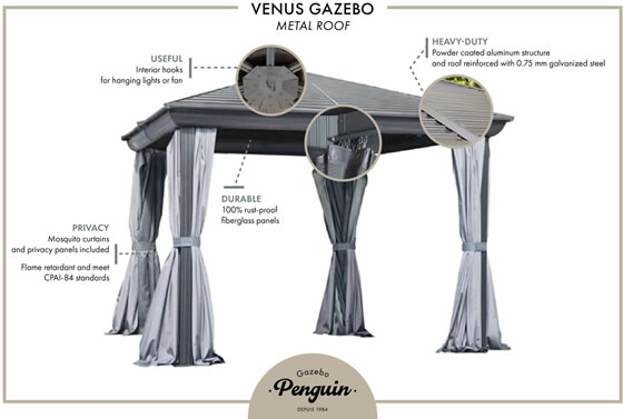 Venus 10x14 Gazebo Features - Mosquito Curtains & Privacy Panels Included!