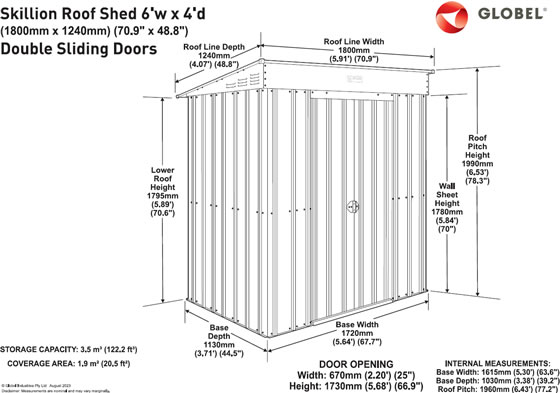 Globel 6x4 Skillion Steel Shed Kit Measurements Diagram