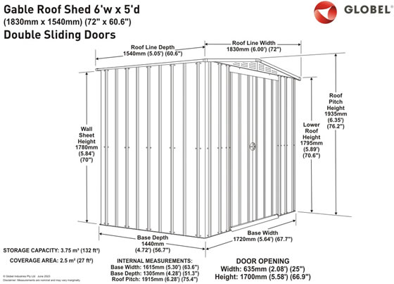 Globel 6x5 Gable Roof Metal Shed G65DF2S Measurements Diagram