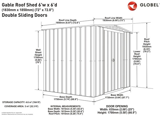 Globel 6x6 Gable Roof Metal Shed G66DF2S Measurements Diagram
