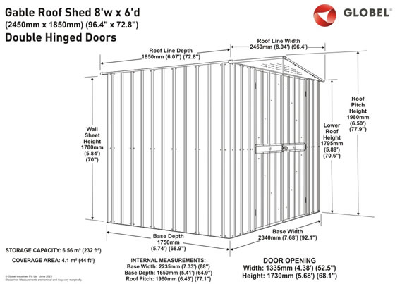 Globel 8x6 Gable Roof Shed w/ Hinged Doors Measurements Diagram
