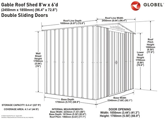 Globel 8x6 Gable Roof Metal Shed MG86DF3S Measurements Diagram
