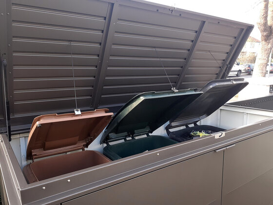 Biohort HighBoard Locker trash bin storage lid open.