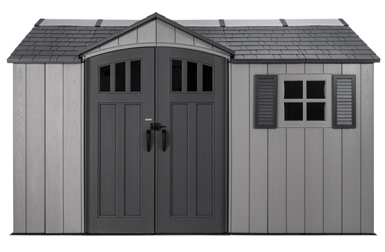 Wide double doors provide easy access, while a shuttered window adds natural light and classic style.