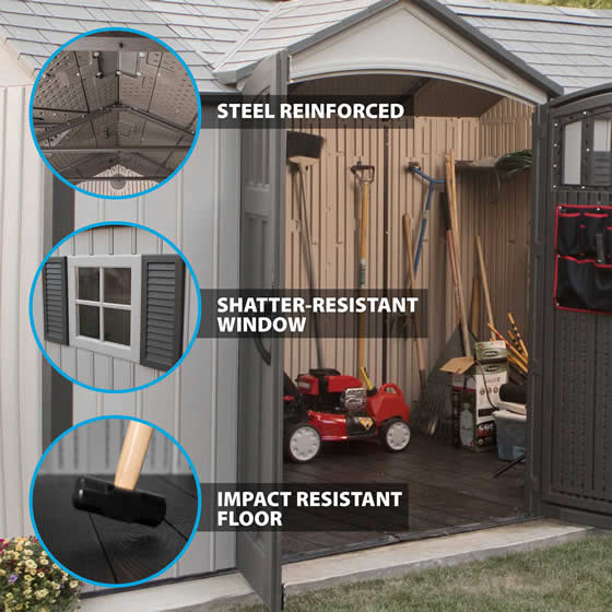 Lifetime 12x8 Shed 60223 - Features - Steel Reinforced, Plastic Floor, Shatter Proof Window