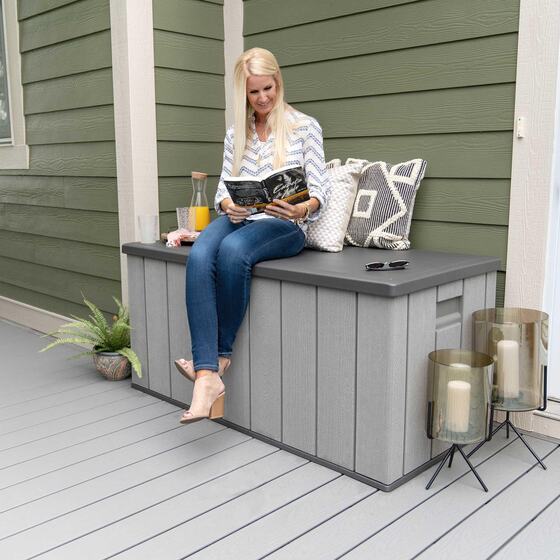 Lifetime Sheds 150 Gallon Deck Box sturdy enough for seating