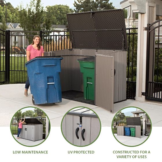 Durable HDPE panels with steel reinforcements, a smooth spring-hinge lid, and lockable double doors make this shed strong, secure, and easy to use.