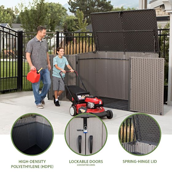 Durable HDPE panels with steel reinforcements, a smooth spring-hinge lid, and lockable double doors make this shed strong, secure, and easy to use.