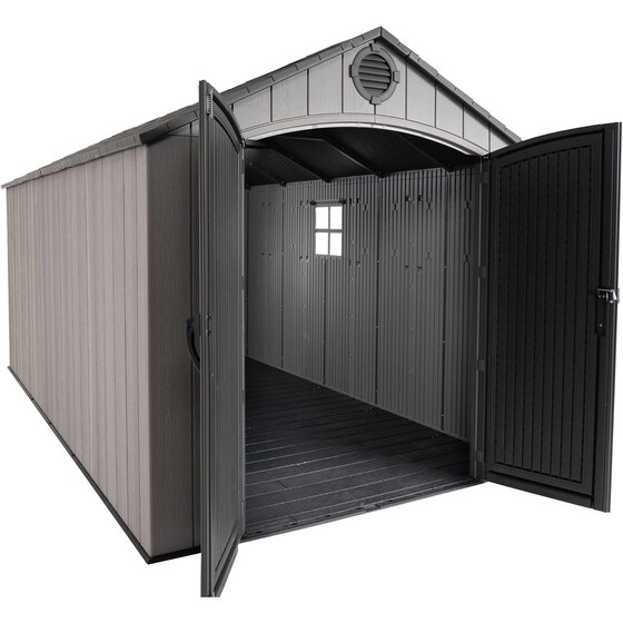 Wide double doors for easy access to store tools, lawn mowers, bikes, and other outdoor equipment