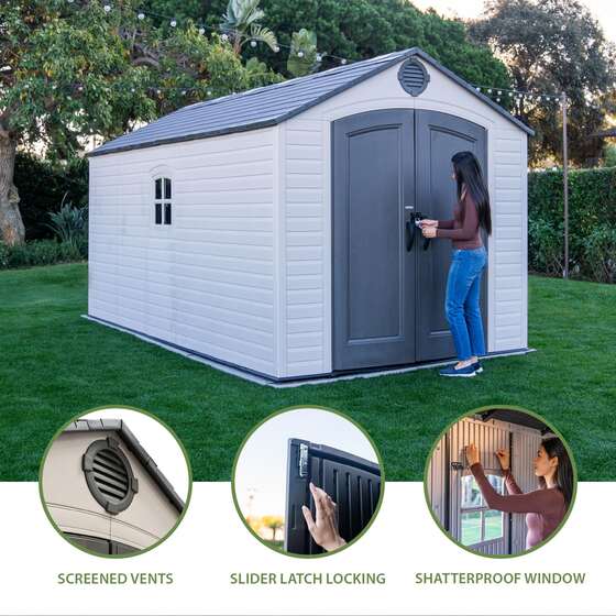 Lifetime 8x15 Storage Shed also features vents, slider latch lock and window
