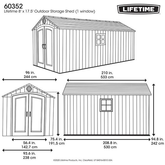Lifetime 8x17.5 Plastic Shed Kit - Measurement Diagram