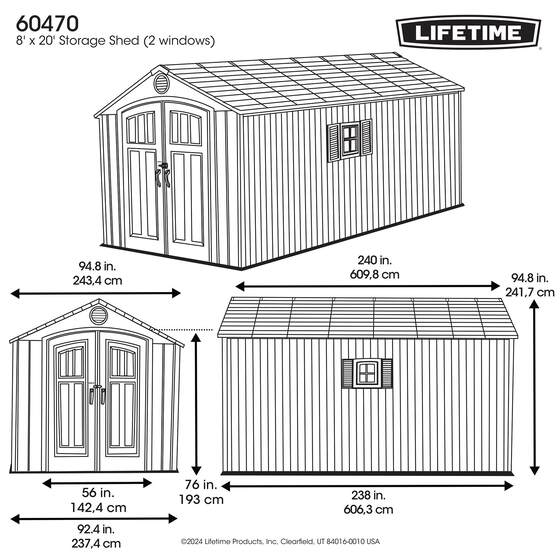 Lifetime 8x20 Outdoor Storage Shed w/ Ridge Skylights Measurement Diagram