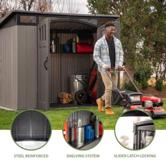 Features a steel-reinforced design, secure slider latch, and adjustable shelving system.