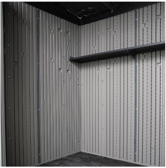 Inside the shed, a steel-reinforced adjustable shelf and six snap-in wall hooks provide customizable storage.