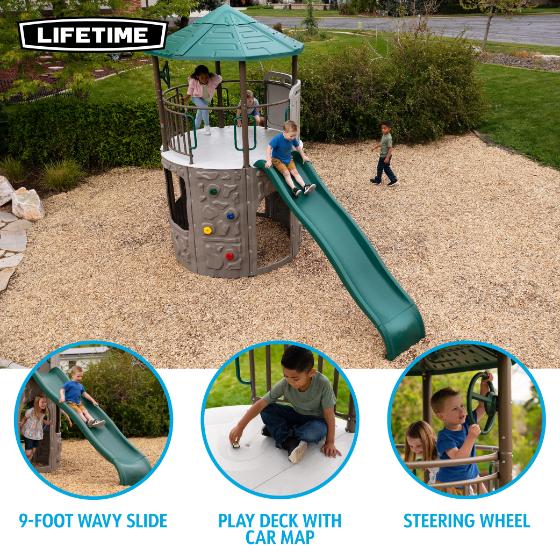Includes a 9-ft wavy slide, elevated play deck, and interactive steering wheel for imaginative outdoor play.