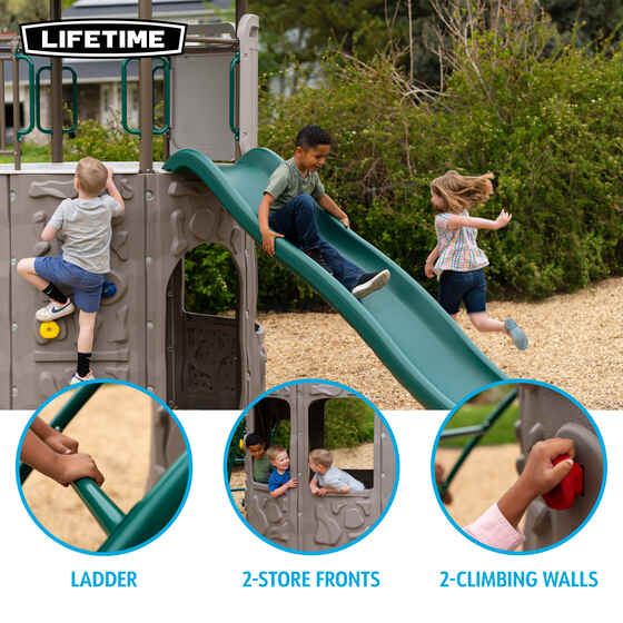 Features a sturdy ladder, 2-storefront play areas, and 2-climbing walls for active, imaginative outdoor fun.