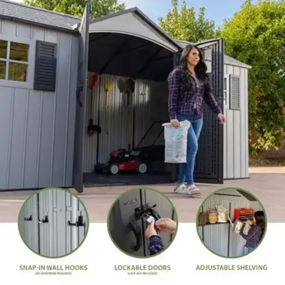 Includes snap-in wall hooks, lockable doors, and adjustable shelving for organized, secure storage.