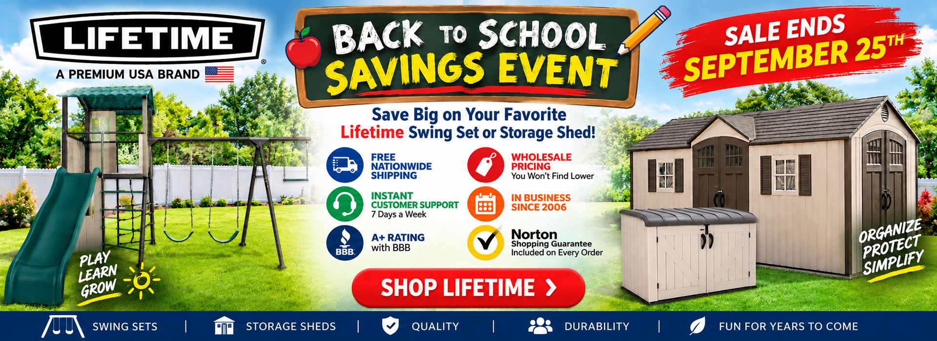 Lifetime Sheds & Swings Back To School Savings Event! - Sale Ends September 25th - While Supplies Last