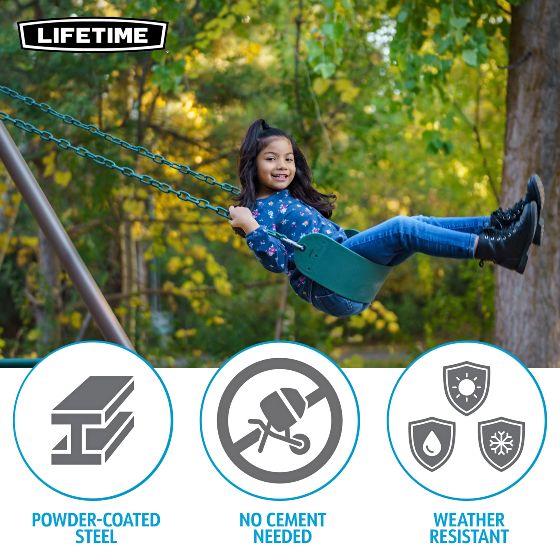 Durable and UV-resistant, this free-standing swing set requires very little maintenance.