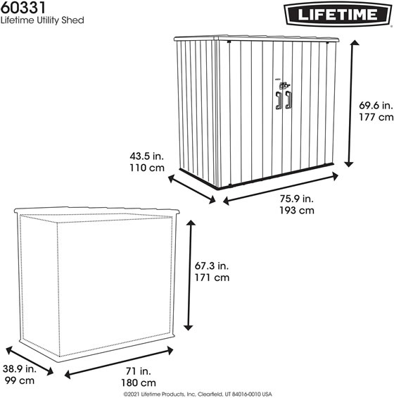 Lifetime Trash Can Utility Shed Kit 60331U Measurements and Dimensions Diagram