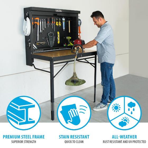 Lifetime Wall-Mounted Tool Storage Folding Work Table Features and Benefits