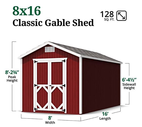 Little Cottage Co. 8x16 Classic Gable Shed Measurements