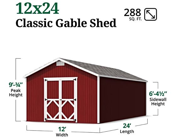 Little Cottage Co. 12x24 Classic Gable Shed Measurements