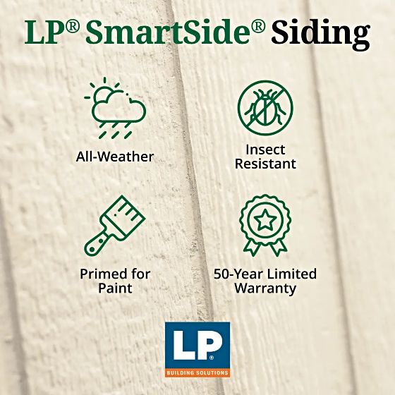 Premium LP SmartSide siding resists decay & insects, paint-ready, with 50-year warranty