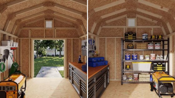 Little Cottage Colonial Woodbury Shed interior showing spacious storage area with gambrel roof and open floor plan.