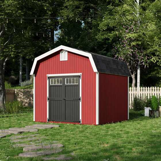 Little Cottage Colonial Woodbury Shed exterior painted red with gambrel roof, wide double doors, and classic colonial design.
